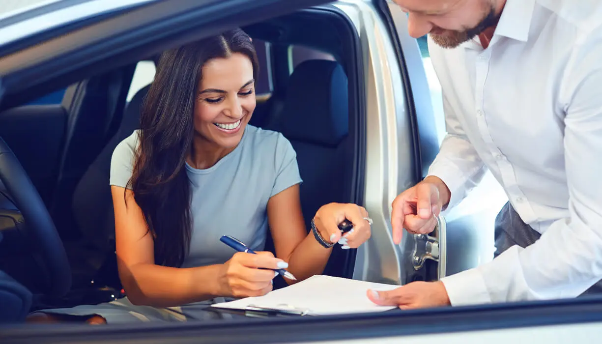 Smiling woman sitting in her car, signing paperwork with Breathe Easy Insurance